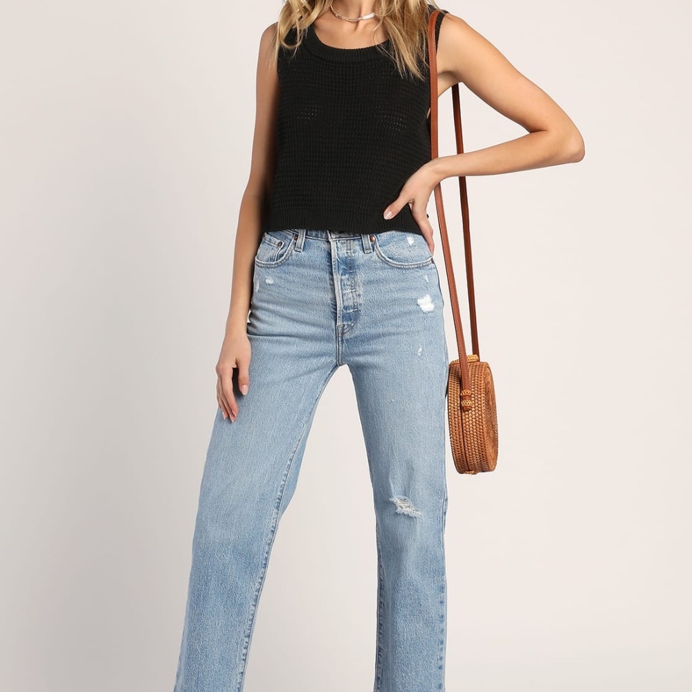 Lulus Get the Look Black Loose Knit Sweater Tank Top (NWT) - Picture 3 of 8